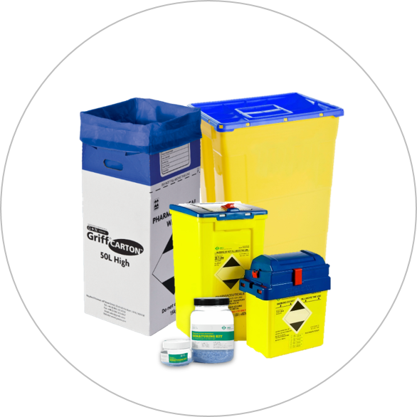 Blue-lidded pharmaceutical waste bins
