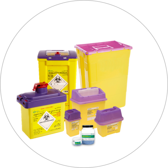 Purple-lidded pharmaceutical waste bins