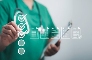 Doctor using a digital checklist for medical document verification. Healthcare compliance digital records, and workflow management concept